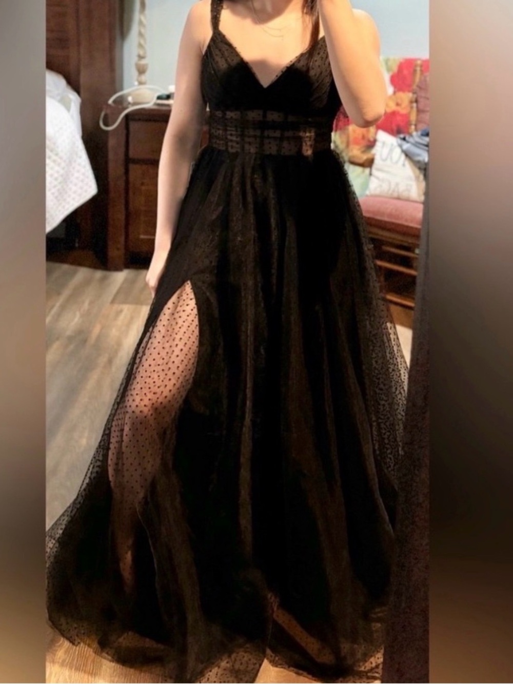 Black Sheer Polka Dot Maxi Dress with High Slit